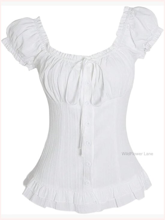 Tops - Frill Trim Button Down Shirt Puff Sleeve Tie Front Blouse